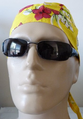 Yellow, Hawaii Flower Design Bikers Cap, Yellow, White, Purple and Green Fun Colors, Medical Scrub Surgical/ Welders Cap, Fun Novelty Bandana, Festive Head Wrap, Breathable 100% Cotton, One Size to Fit Most Men, Women and Teens, Suitable for Athletes, Medical, Welding, Healthcare, Bikers, Truckers, Painters, Gardeners, Restaurants and Food Workers to Keep Hair Out of Face