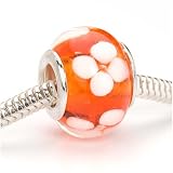 Murano Style Glass Lampwork Bead Fits Pandora Orange With White Flower 14mm (1)