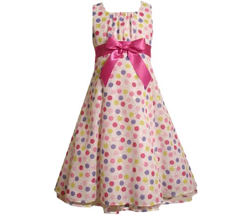 Bonnie Jean Girls PLUS Size WHITE FUCHSIA-PINK MULTI DOT FIT-N-FLARE EMPIRE WAIST EYELET Special Occasion Wedding Flower Girl Easter Birthday Party Dress Plus Size Inexpensive Flowergirl Gowns