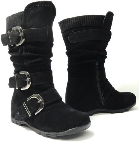 Girl's Mid Calf Adjustable Straps Suede Flat Boots Black 9-4
