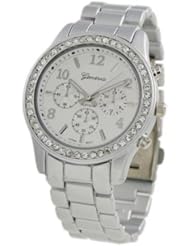 Geneva Womens Designer Inspired Chronograph Style Metallic Tone Rhinestone Watch in Silver