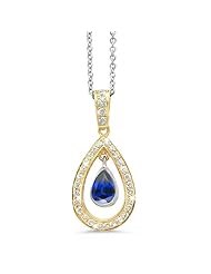 Twin Pear Shaped Diamond Pendant In 18K Yellow Gold With A 0.75 ct. Genuine Blue Sapphire Center Stone.