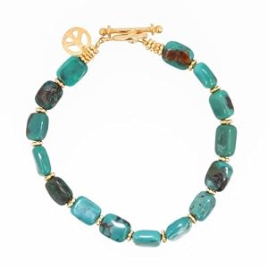 Rectangular Green Turquoise Gemstone Bead Toggle Bracelet with Gold Vermeil Peace Sign Charm, 6 3/4" Length, #7513