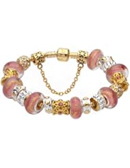 Pink murano glass beads complete beaded gold plated charm bracelet compatible with Pandora style jewelry