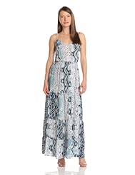 V-neck Snake Print Polyester Tiered Spaghetti Strap Maxi Dress 