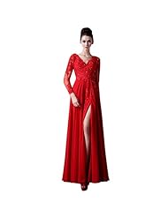 V-neck Long Sleeves Sheath Chiffon Lace Applique Backless Beaded Pleated Sequined Evening Dress/Prom Dress/Party Dress/Wedding Dress 