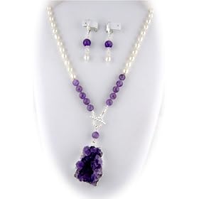 Amethyst Crystals Stone Pendant Freshwater Pearl Lariat Necklace Earrings ne1222