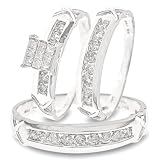 7/8 Carat T.W. Round, Princess Cut Diamond Wedding Band Set 10K White Gold Three Ring - Ladies Engagement Ring, Wedding Band & Mens Wedding Band - Free Gift Box -