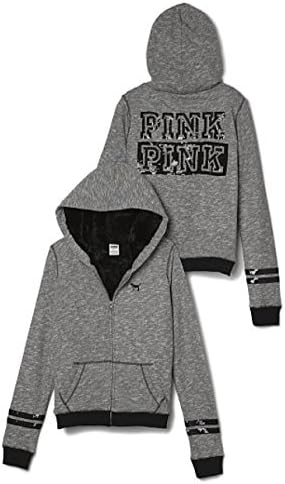 Victoria's Secret Pink Full Zip Fur Bling Hoodie Small Gray Marled