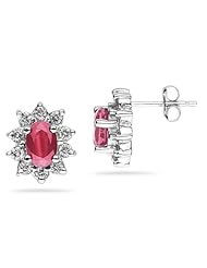 6X4mm Oval Shaped Pink Topaz and Diamond Flower Earrings in 14k White Gold