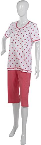 Ladies 100% Cotton Pyjamas Short Sleeved Flower Top &amp; Polka Dot 3/4 Length Bottoms Medium (Red)