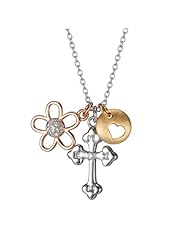 18k Yellow and Rose Gold Plated Sterling Silver Three-Tone Cross, Flower and Heart Pendant Necklace, 18"