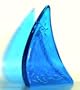 "SUMMERTIME SAIL" - Aqua Marine blue (turquoise) glass sailing sculpture. Hand cast, 6"wx 8"h x 1"d. Freestanding. Carved sun and water emulates relaxing summer days.