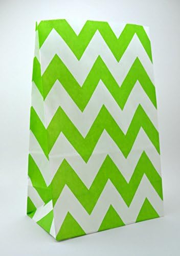 Lime Green Chevron Stand Up Paper Favor Bags - Flat Bottom Bags - Set of 24