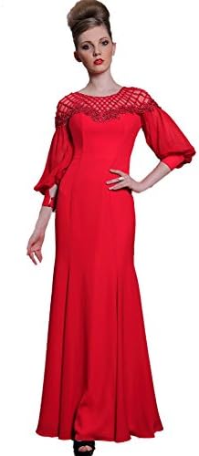 Himalaya Star Women's Mermaid Jewel Balloon Sleeves Criss-Cross Design Red Formal Prom Gowns Size M