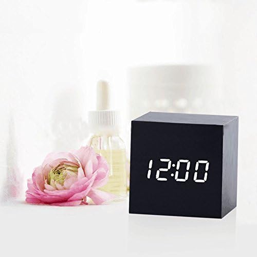 Digital Alarm Clock-VC Mall Cube Design Mini LED Wooden Desk Clock with Voice Control &amp; Temperature Display for Kids,Home,Office