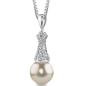 Regal Elegance: Sterling Silver Vintage Style Bridal White Pearl CZ Diamond Pendant Necklace