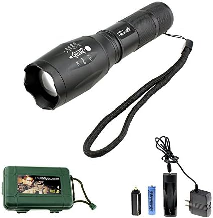 Topc UltraFire 5 Light Modes, Zoomable, Portable,Focus Adjustable XML-T6 CREE LED Handleheld Tactical Flashlight Water Resistant Camping Torch with 18650 Rechargable Battery and Charger