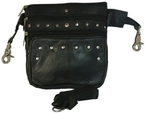 Texcyngoods Studded Purse Convertible Cross Body Biker Waist Bag Lambskin Black