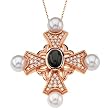 14K Rose Gold Onyx, Pearl and Diamond Cross Pendant