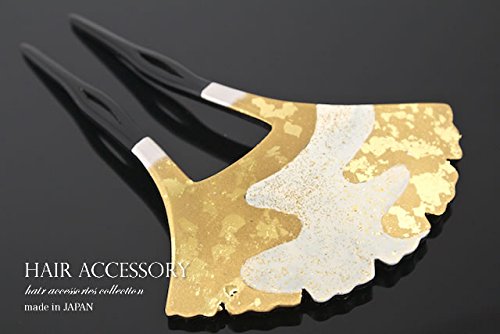 バチ型簪 かんざし 白 ホワイト 銀杏 イチョウ 金箔調 ラメ [結婚式/成人式/卒業式]