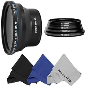 58mm 0.43X Super Wide Angle Lens with Soft Fisheye Effect and 52mm, 55mm, 62mm, 67mm, 72mm Adapter Rings + 3 MagicFiber Microfiber Lens Cleaning Cloths