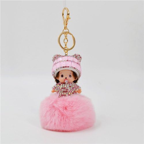BF FUR 2016 Monchichi Keychain 8cm Real Rabbit Fur Pom Pom Crystal Monchichi Dolls Pompom Key Ring Lady Bag Car Pendant KC-20 (Color: Number 11)