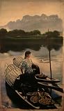Art of China-Oil Painting- Woman on a Traditional River Boat Selling Fruits- Hand Painted Contemporary Asian Art