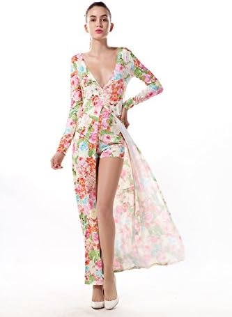 Women V Neck Sleeve Floral Maxi Dress Overlay Romper Jumpsuit Playsuit