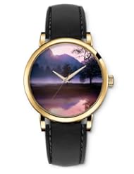 SPRAWL Aanalog Fashion Series Gold Ladies Watches of Genuine Black Leather Strap,Unique Wrist Watch for Women Girls Designed with Pines at sunset