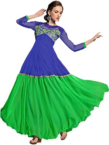 Suchi Women's Embroidered Blue & Green Net SemiStitched Anarkali PartyWear Gown