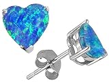 3.00 cts 14K Gold Plated 925 Sterling Silver Heart Created Blue Opal Earring Studs