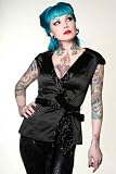 Living Dead Souls Womens SHORT SLEEVE WRAP TOP WITH ANIMAL PRINT FLOCKING - Black