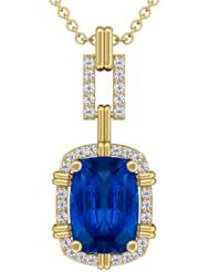 14K Yellow Gold Cushion Cut Blue Sapphire And Round Diamond Pendant (GIA Certificate)
