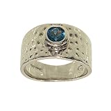 Rhodium Plated Contemporary Hammered Band Fashion Ring with Bezel Set Genuine Blue Zircon