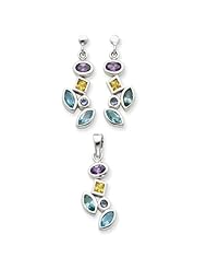 Sterling Silver Multicolored CZ Earrings And Pendant Set