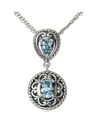 Genuine Blue Topaz Oxidized Sterling Silver Pendant