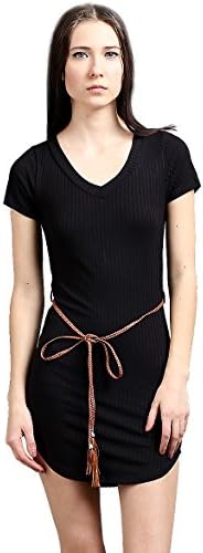 New Women's 8 x 5 Rib V Neck Short Sleeve with Belt Long Top Skinny Mini Dress
