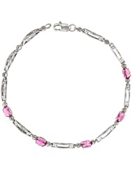 10k White Gold Cut Out Bar Tennis Bracelet w/ 0.05 Carat Brilliant Cut Diamonds & 1.25 Carats Oval Cut Pink Topaz Stones, 1/8 in. (3mm) wide