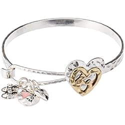 Two-tone Mom & Daughter Heart & Little Feet Three Charm Hammered Bracelet with Inspirational Card
