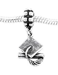 Sterling Silver Three Dimensional Graduation Hat and Diploma Dangle Bead Charm