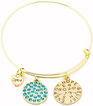 Charm Gold Bangle, Crystal Pendant, Hope Round, Heart Love Pendant (Green)