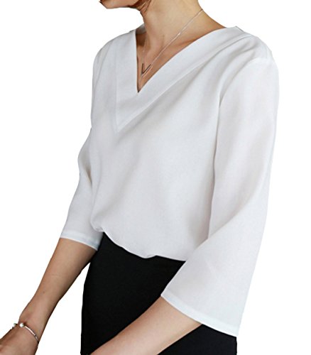 ELPIS レディース Ｖネック シフォン ブラウス シンプル 五分袖 トップス シャツ S M L XL 3色