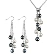 Multi-strands Silver Heart Crystal Black/White Cultured Pearl Lariat with Black/White Dangle Earrings Set