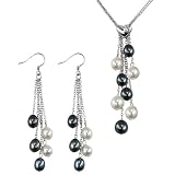 Multi-strands Silver Heart Crystal Black/White Cultured Pearl Lariat with Black/White Dangle Earrings Set