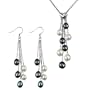 Multi-strands Silver Heart Crystal Black/White Cultured Pearl Lariat with Black/White Dangle Earrings Set