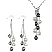 Multi-strands Silver Heart Crystal Black/White Cultured Pearl Lariat with Black/White Dangle Earrings Set