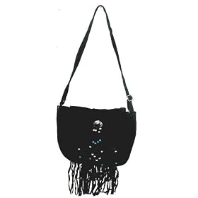 Cowgirl's Lady Biker's Leather Shoulder Bag with Fringes, Bones and Beads