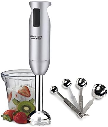Kitchen Mission Cuisinart Hand Blender with Beaker , 2 Speed Powerful 200 Watt Smartstick Immersion Blender, Brushed Chrome Emulsion Blender. PLUS BONUS STAINLESS STEEL MEASURING SPOON SET