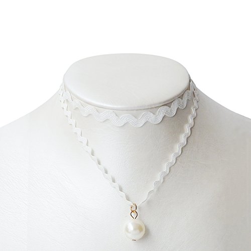 999lux Wave Sexy Lace pearl Pendant Short Choker Necklace (White)
